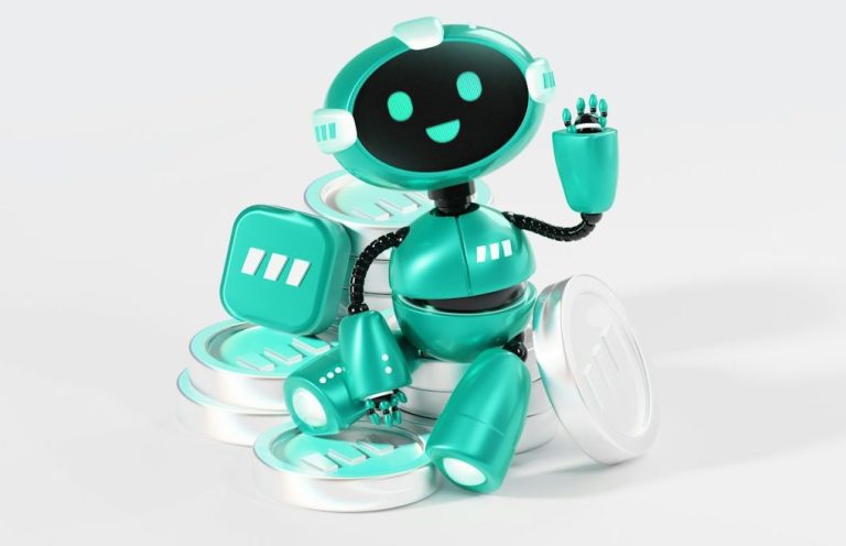 A cheerful turquoise robot with a smiling face, waving while sitting among circular objects - inspiration for small business marketing tools