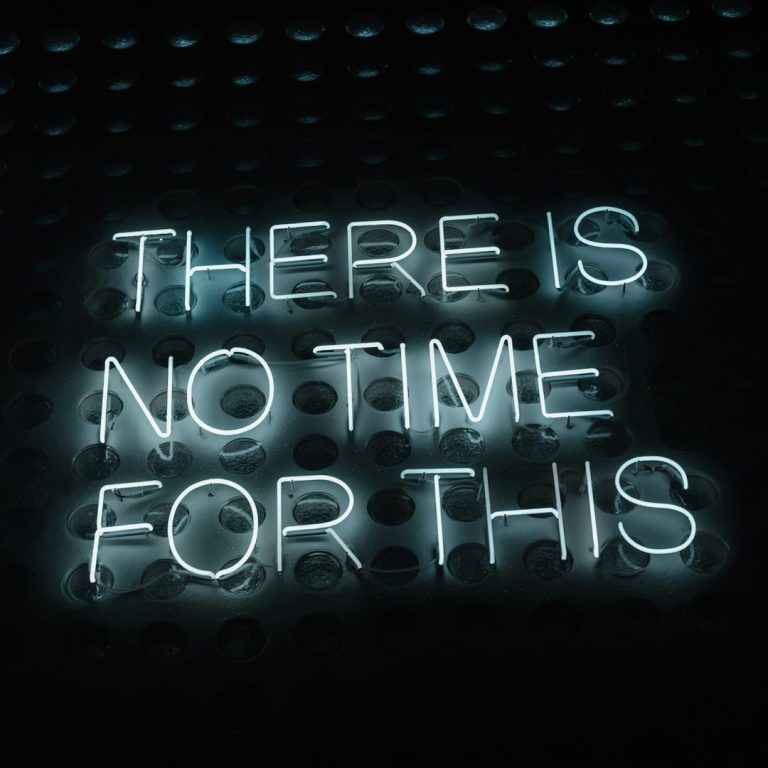Neon sign with the text "There is no time for this" on a dark background.